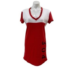 Tshirt Short sleeved 304 RED / WHITE cotton mini stretch dress sz SMALL - Vneck